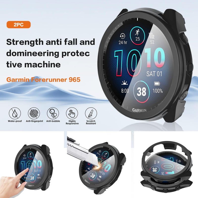 Suoman 2+6 Pack for Garmin Forerunner 965 Case, Charger Port+9H Tempered Glass Screen Protector, Full Coverage Durable PC Hard Protective Cover Bumper (Black+Black) - Image 3